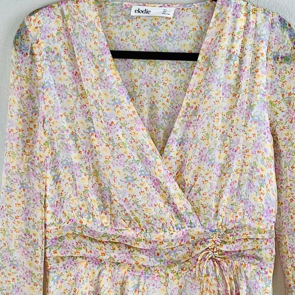 Elodie White Multi Floral Sheer Ruched Front Tie Surplice Mini Dress Medium NWOT - Picture 6 of 16
